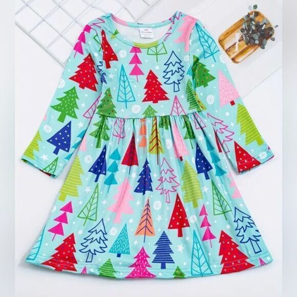 NWT Child Girls Blue Ballerina Dress Christmas Tree Print Holiday Dress - Size 5 - Picture 1 of 6